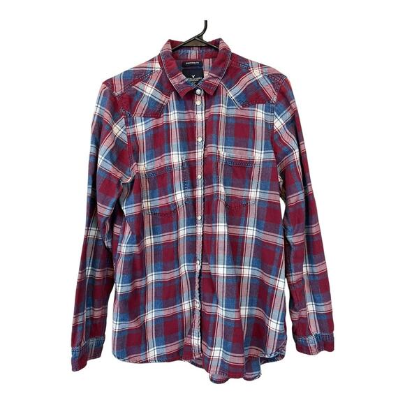 American Eagle Boyfriend Fit Flannel 2016 Button Down Plaid Shirt L Pearl Snap - Picture 4 of 5